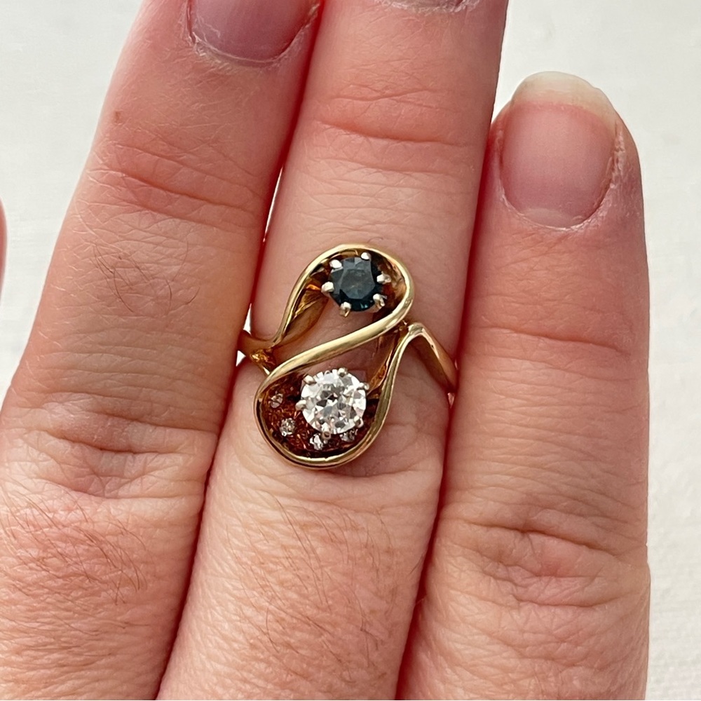 Vintage 14kt Gold European Cut Diamond & Blue Diamond Sz 7.75 Toi Et Moi Ring - Picture 4 of 11